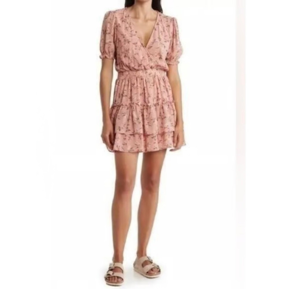 WAYF Floral Puff Sleeve Mini Dress Pink Smocked Tiered Ruffle V-Neck‎ Small